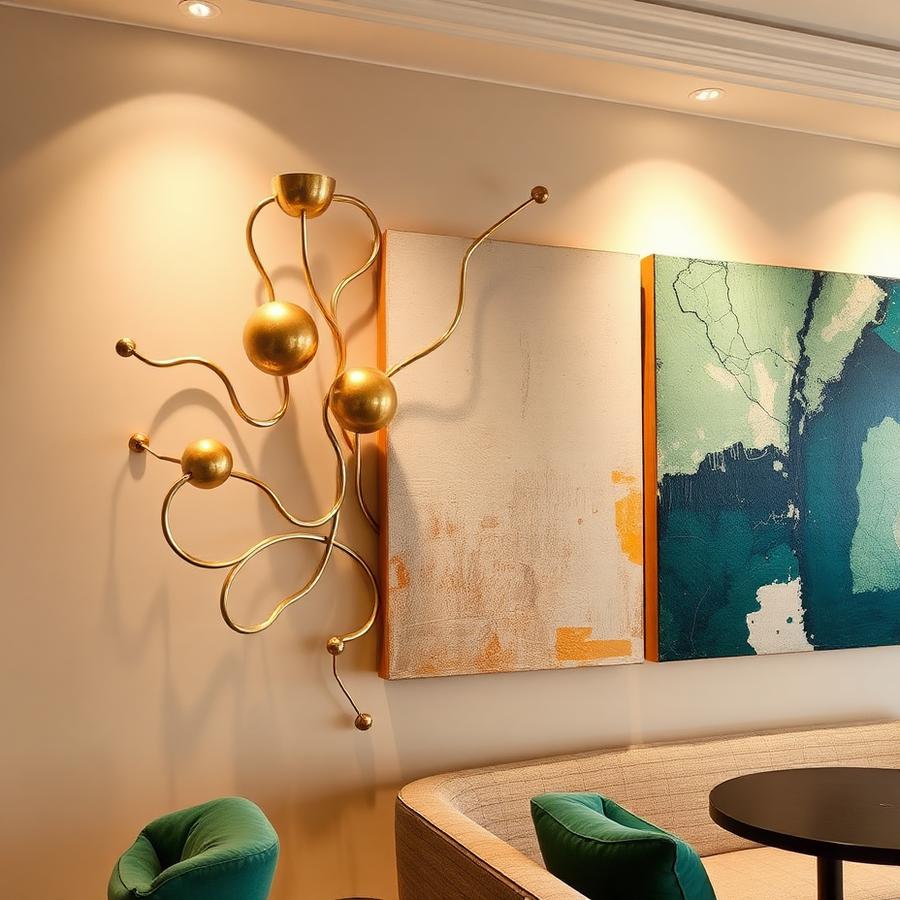Brass sculpture and canvases on a cream lounge wall